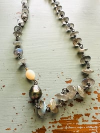 Image 10 of wire wrapped labradorite opal and Tahitian pearl necklace