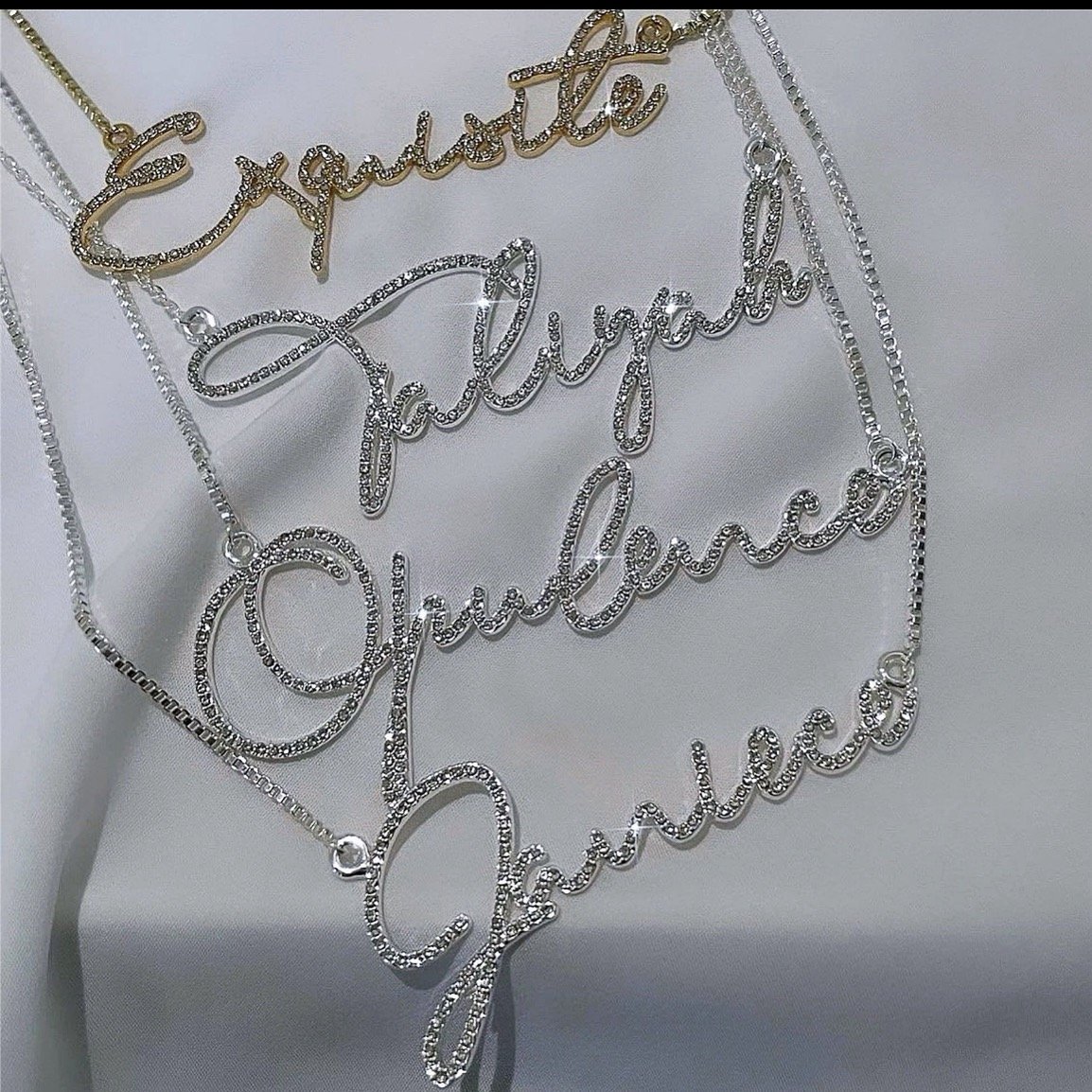 Crystal scripted name plate necklace