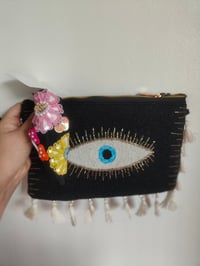 Image 1 of Black all seeing evil eye protection Bag and multi coloured flowet and mushroom head band  Copy