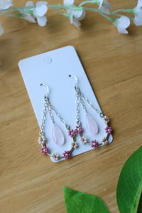 Image 1 of Rose Quartz Flower Chained Earrings