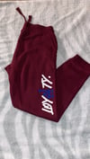 Burgundy and blue joggers