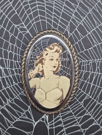 Image 2 of Vintage Brooches-  1940s engravings page & preserved spider webs with stand - 1