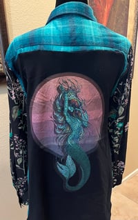 Image 1 of Vintage Funky Blue/Black Flannel Shirt Floral Sleeves Mermaid 