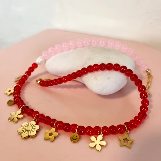 Image of Red and Pink Beaded Necklace with Gold Flower Charms
