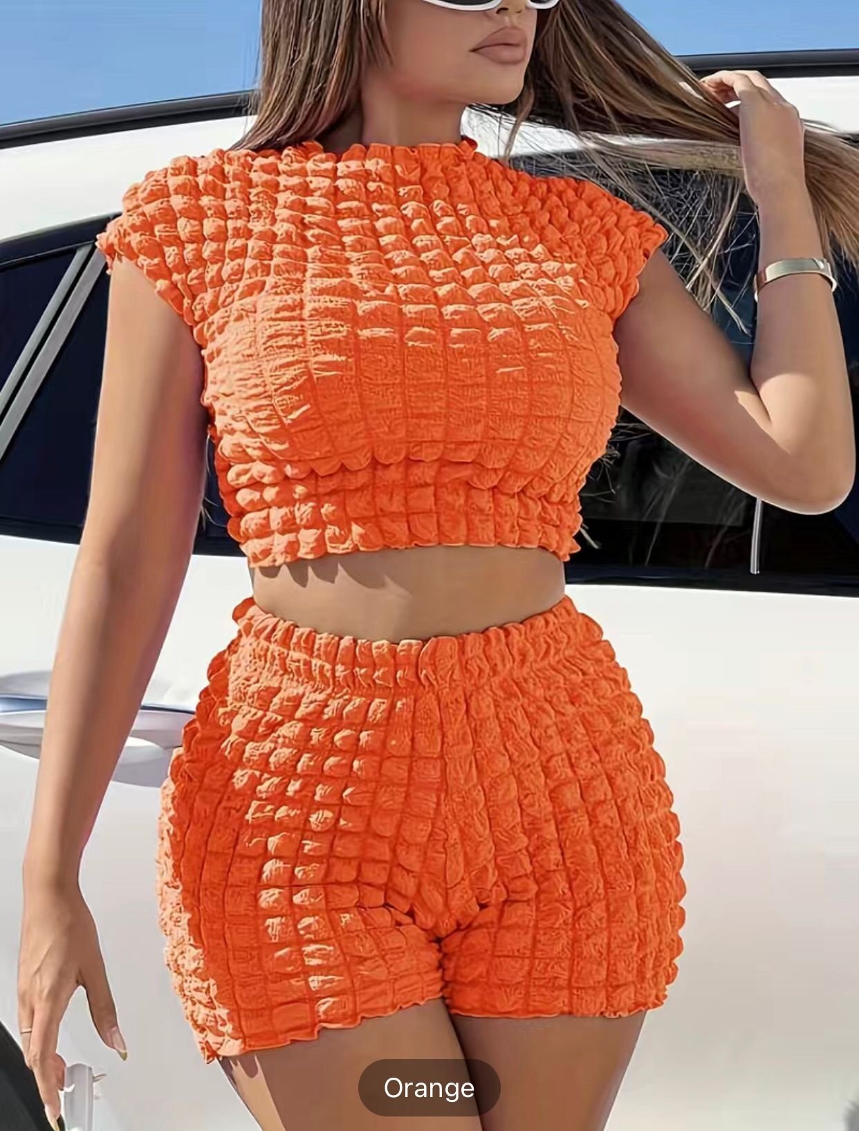 Image of Summer Solid Popcorn Set Outfits Women Clothing 