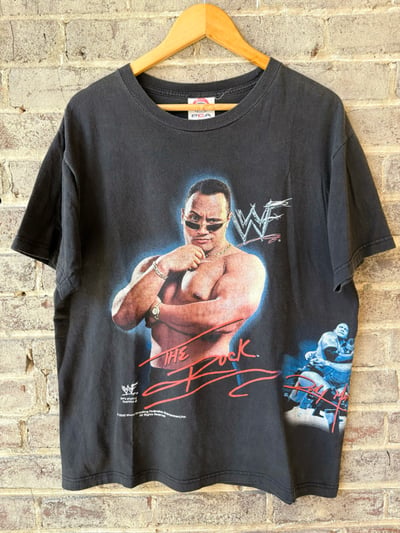 Image of RARE YEAR 2000 VINTAGE WWF “THE ROCK - LAYIN’ THE SMACK DOWN” WRAPAROUND WRESTLING TEE
