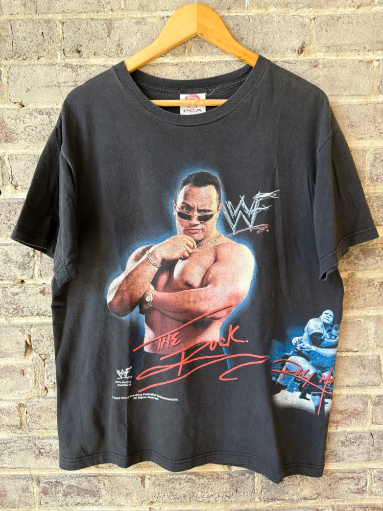 Image of RARE YEAR 2000 VINTAGE WWF “THE ROCK - LAYIN’ THE SMACK DOWN” WRAPAROUND WRESTLING TEE