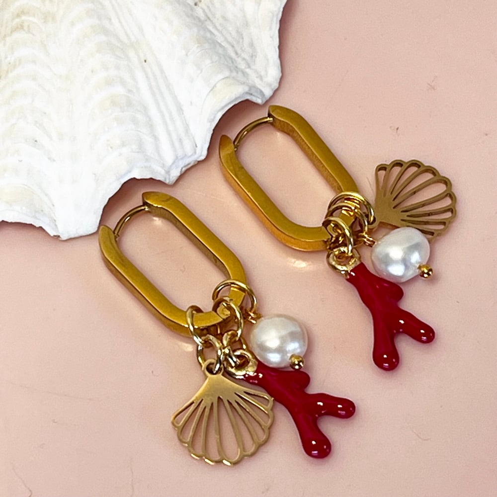 Image of Triple Charm Oval  Huggie Hoops (larger) - coral, pearl and shell