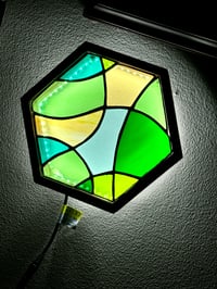 Image 1 of Stained Glass LED Hanging or Table-top Lightbox - Green and Yellow Illuminated Wall Art