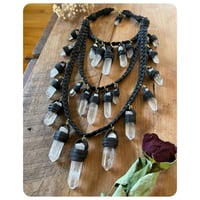 Image 3 of The Venus Necklace XL - Clear Quartz Crystals and Black Leather 