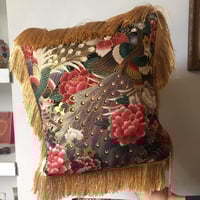 Image 4 of Japanese Metallic Peacock Cushion Cover With Gold Fringe