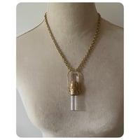 Image 3 of Rollerball Glass Vial Necklace - Clear Quartz Tower Floral Detail and Solid Brass 