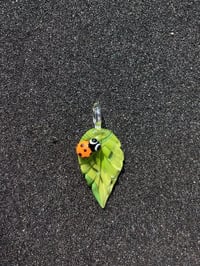 Image 2 of Green Leaf W/ Orange Bug Eyed Leadybug pendant 
