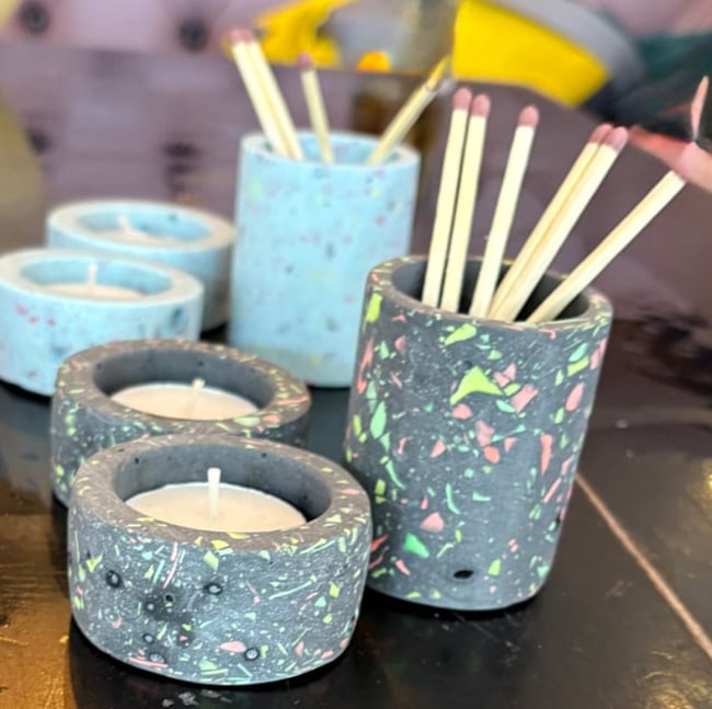Jesmonite terrazzo: match strike pot and two tea light holder workshops.  25/01/26