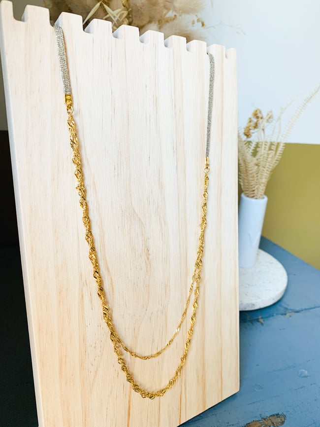 MIDNIGHT | Sautoir cordon irisé & chaînes acier inoxydable doré