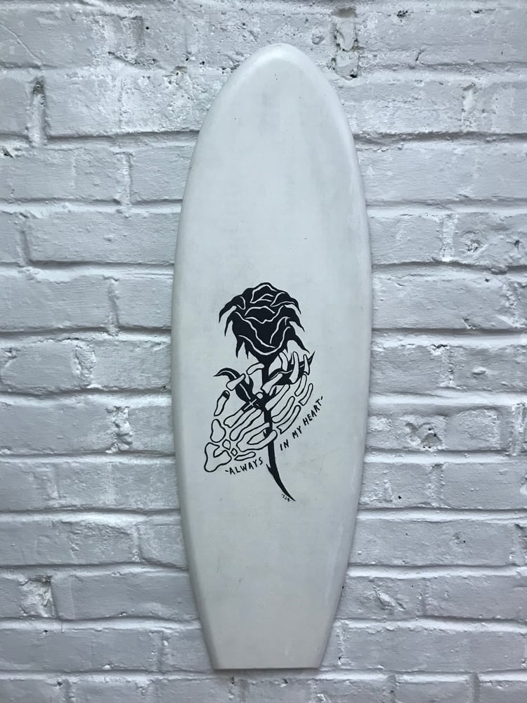 Image of SKULL HAND AND ROSE PAINTED SKATE DECK 