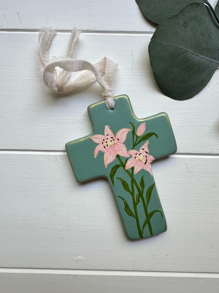 Image of Ceramic Cross Ornament - Pink Lily
