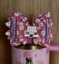 Image 1 of Pink Floral Tumbler Straw Topper Bow – Keep Calm and Love Cats