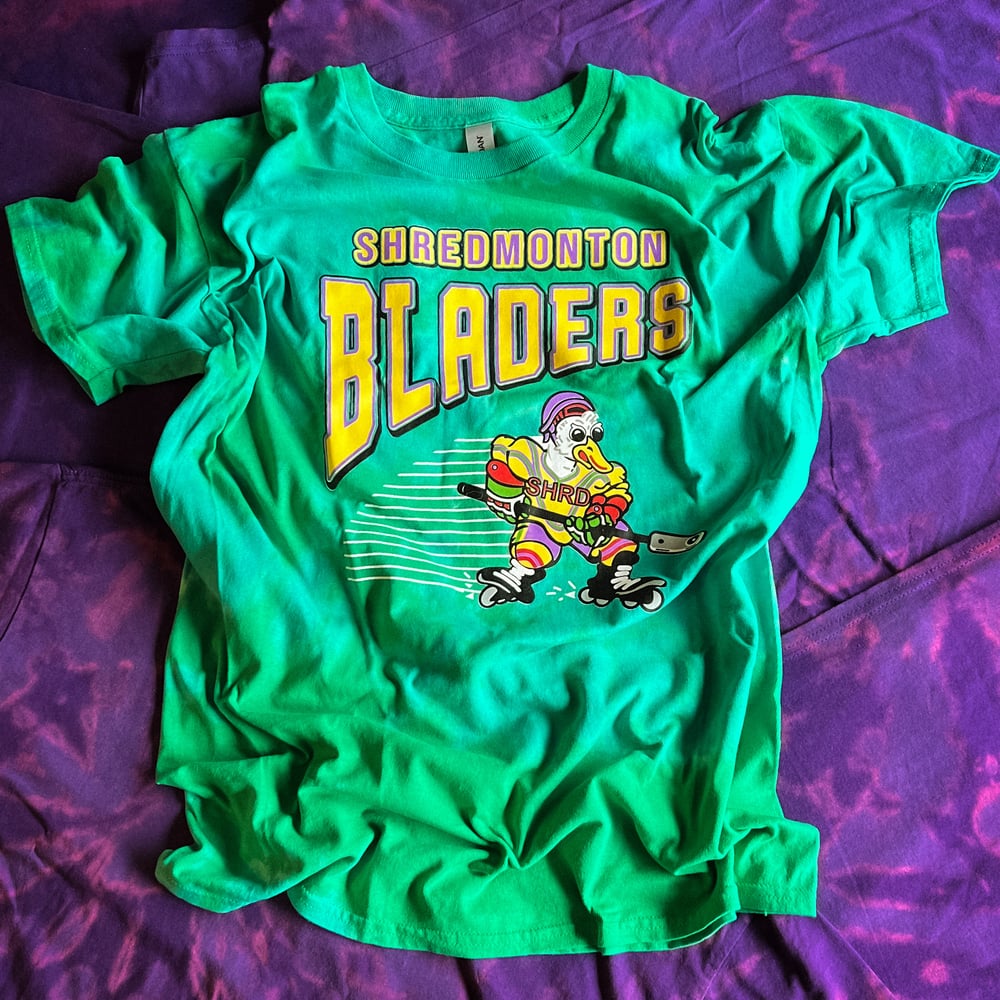 Image of Shredmonton Mighty Bladers - Custom Reverse Tie Die T-Shirt