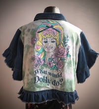 Image 1 of Upcycled “What would Dolly Do/Tie Dye” ruffled crop denim vest