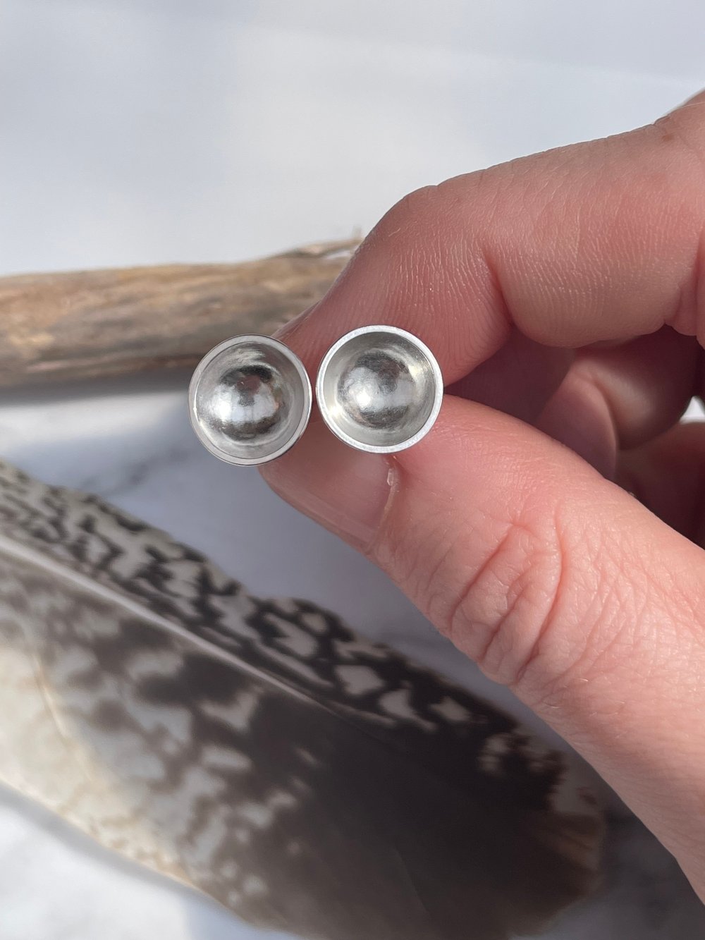 Handmade 10mm Hole Concave Sterling Silver Stud Earrings
