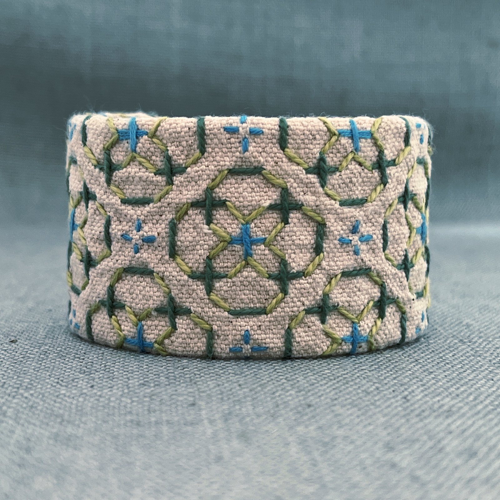 Gray bead embroidered fairy cuff bracelet Brocante good linen cuff