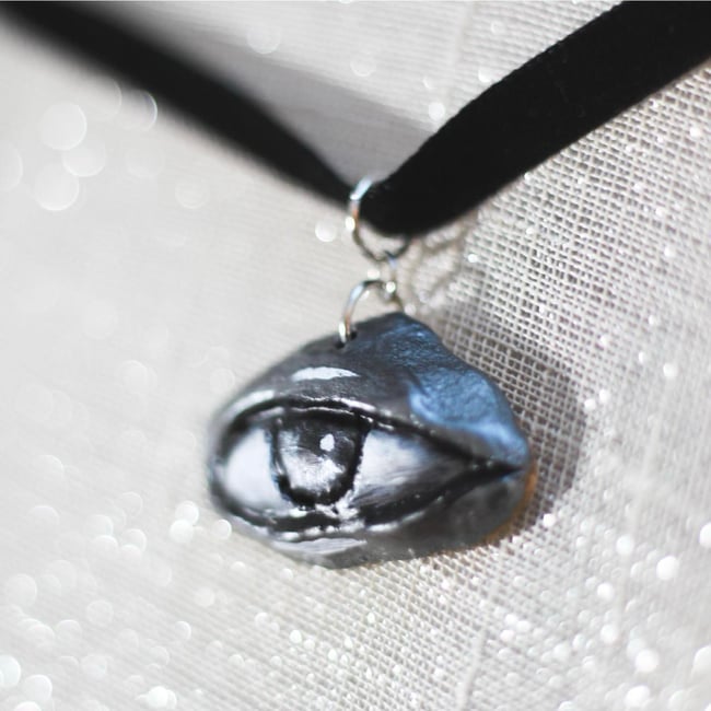✩ WHIMSYGOTH VELVET CHOKER ♡ Sculpted Black + Silver Eye ✩₊˚