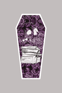 Image 3 of Coffin shaped laminated bookmark//skull//books//cobwebs//roses