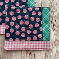 Image 2 of “Navy & Pink Smileys” Scrappy Quilted Coaster