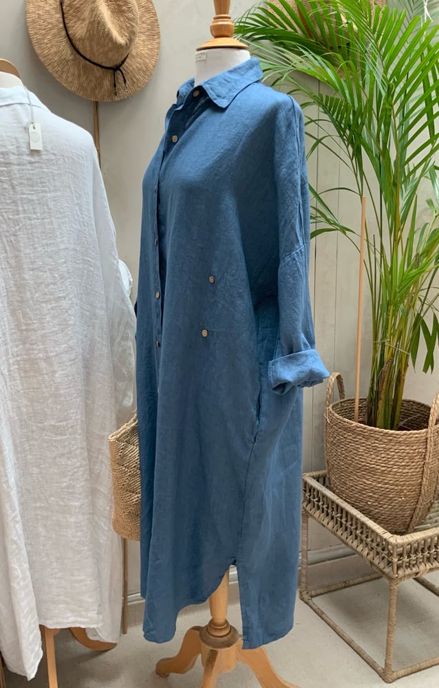 Image of Robe chemisier en lin HéRA Bleu Jean's