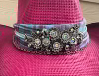 Image 3 of 2 Tone Hot Pink/Black Cowboy Hat Plaid Band w/Crystal Flowers