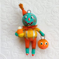 Image 1 of Vintage Inspired Goblin with Candy corn and Jack O' Lantern