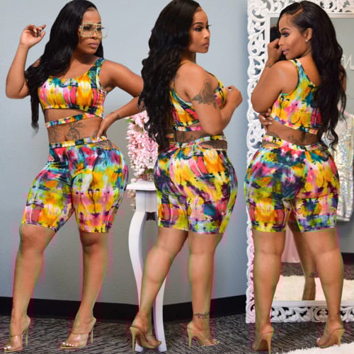 Image of Tie Dye Sleeveless Sexy Two Piece Shorts Set