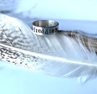Image 1 of Personalised silver name ring with star and moon. Celestial silver 925 stamped word ring.