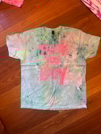 Image 2 of Light green multicolour tie die T shirt with light baby pink text (XL)