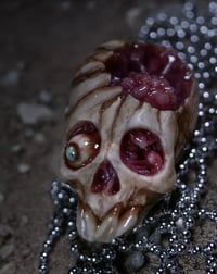Image 5 of Brain nugget Skull pendant, stainless steel chain , fire opal eye, OOAK one of a kind original