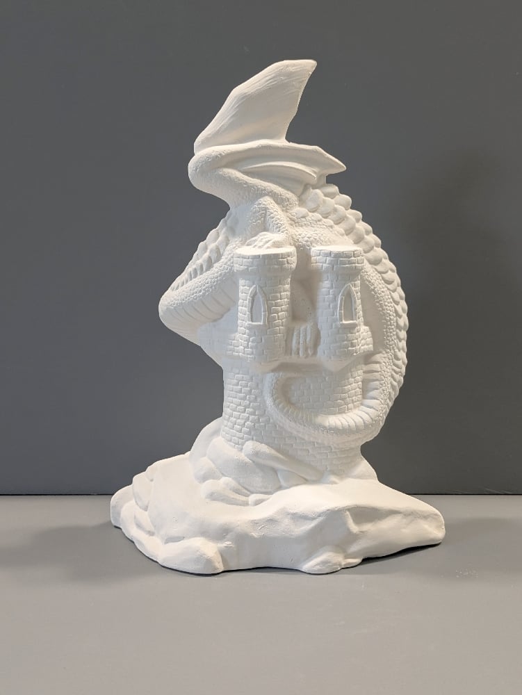 Image of Ceramic Bisque Dragon on Castle Ready to Paint 8" inches in Height