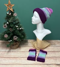 Image 1 of 4 in 1 Hat & Handwarmer Set, Size S (Teen - Small Adult) Multicolour Purples,Pinks, Greens