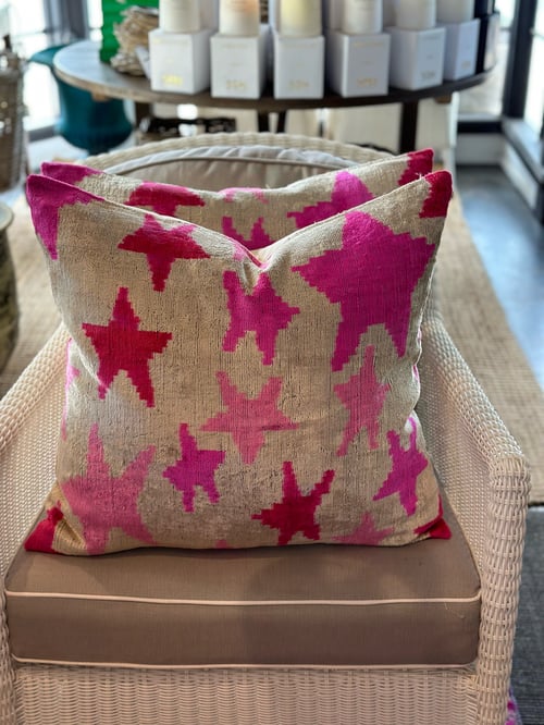 Image of Pink Star Ikat Velvet Cushion