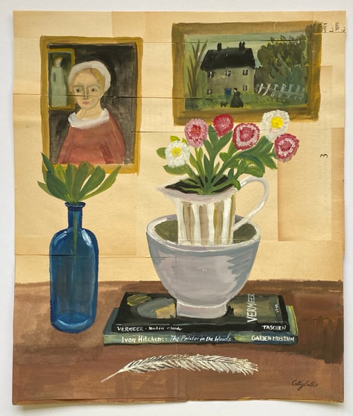 Image of still life with art books and portrait 