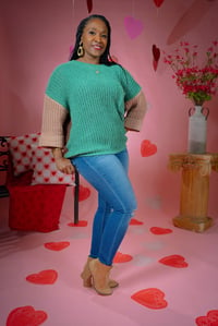 Image 1 of Colorblock knit sweater w/ rolled sleeves & front pocket 