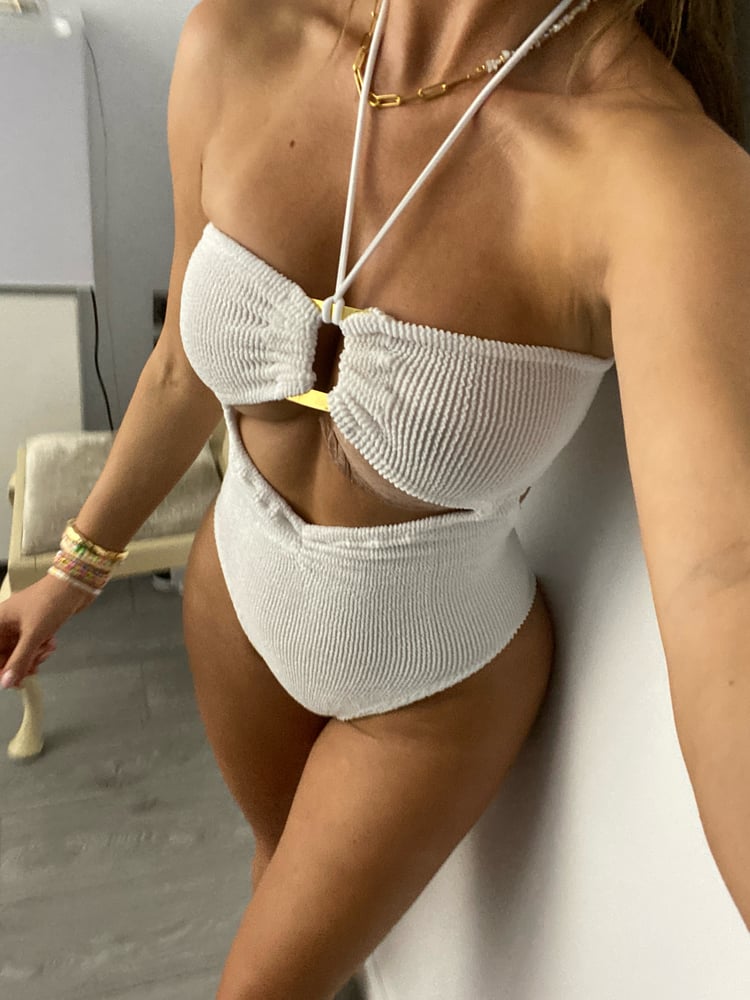 Image of Cut Out Gold Buckle Halter Onepiece In White