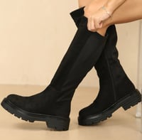 Black Suede Chunky Calf Stretch Knee High Boot