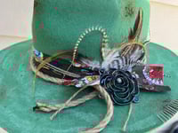Image 4 of Handmade Torch Burned Green Fedora Hat, Rope & Feathers