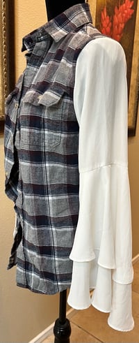 Image 3 of Vintage Navy/Gray/White Flannel Shirt  White Bell Sleeves & Dragonfly’s