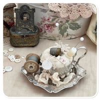 Image 5 of Handmade pin cushion sitting on a vintage silver style tray