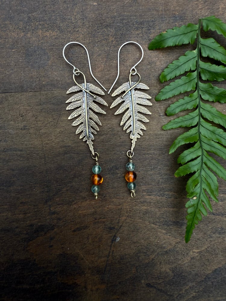 Image of Brass Licorice Ferns Apatite Amber Earrings