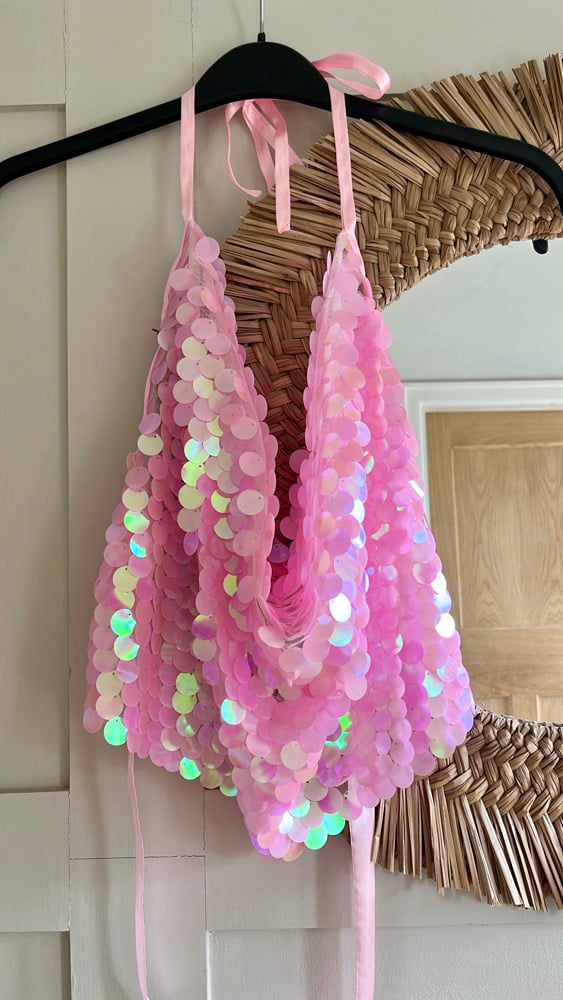 Heavily embellished Disc sequin Pink mesh halterneck cowl tie top