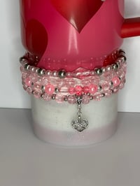 Image 1 of Pink & Silver Heart Tumbler Charm Bracelet | Valentine Cup Accessory