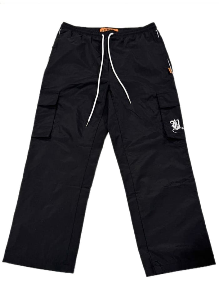 Image of BLACK NYLON CARGO PANTS (REFLECTIVE PIPING)